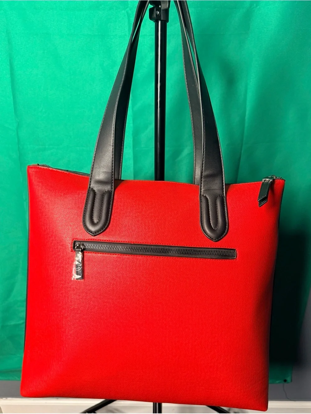 Red Leather Tote Bag with Black Handles